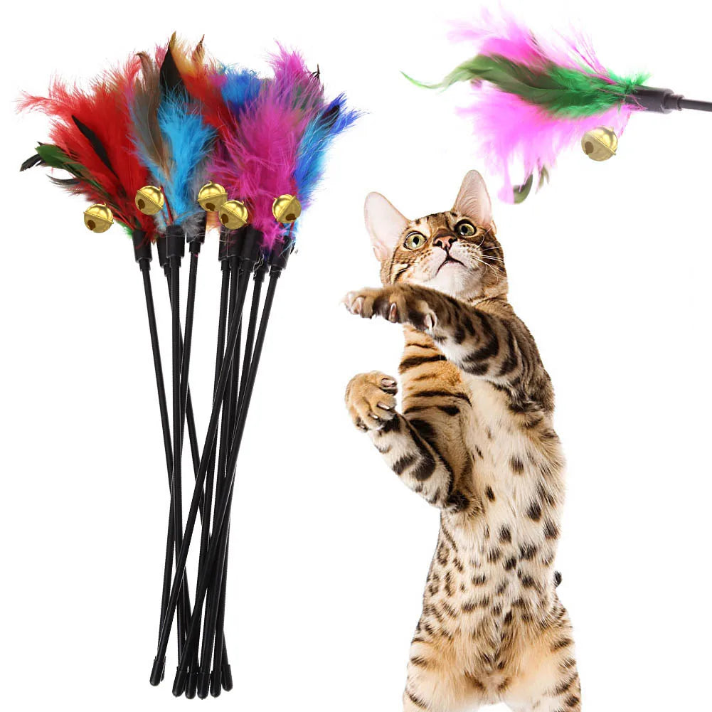 VKTECH Colorful Feather Cat Wand — Interactive 5-Piece Pet Toy Set