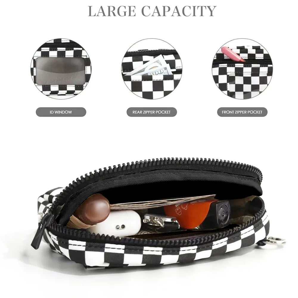 Women's Checkered Zip Around Wallet — Large Capacity Clutch with ID Window