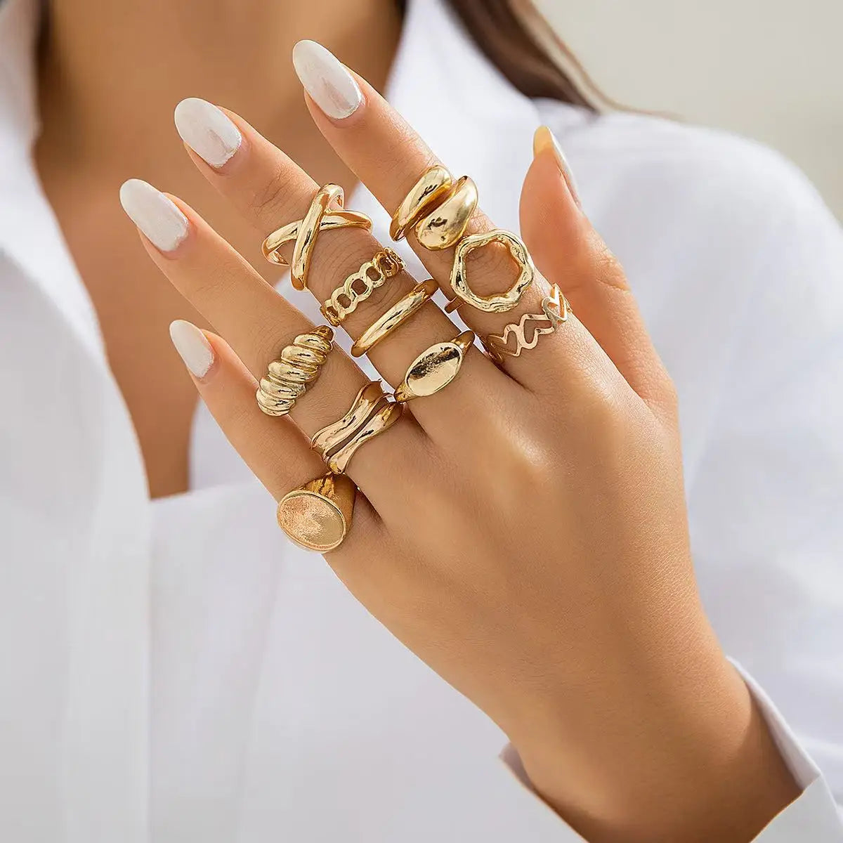 12-Piece Geometric Ring Set — Adjustable Punk Style Metal Jewelry
