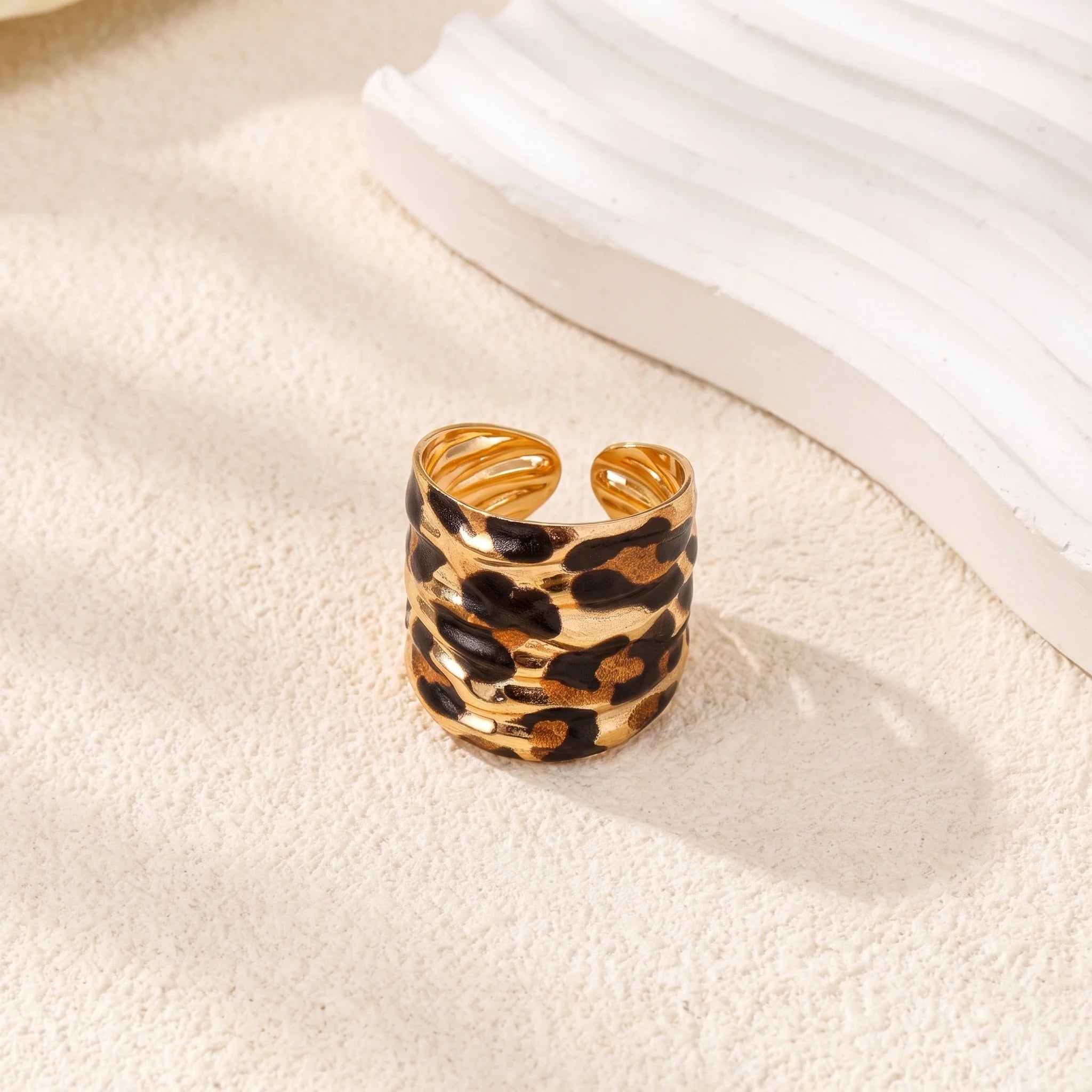 Obega Leopard Print Bangle and Ring Set — Trendy Gold Statement Jewelry