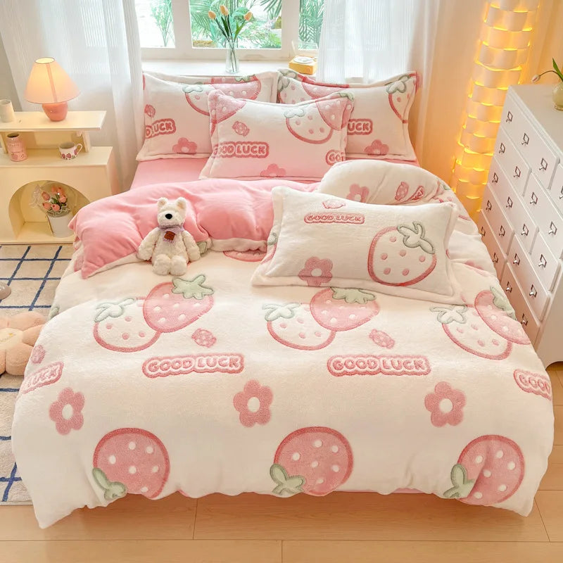 Plush Velvet Bedding Set — Warm Coral Fleece Duvet Cover & Sheet Set