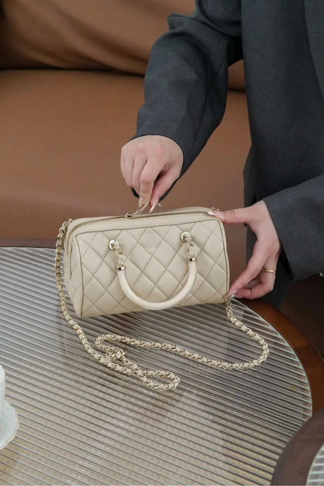 Beige Diamond Lattice Boston Bag — Elegant Chain Strap Shoulder Bag