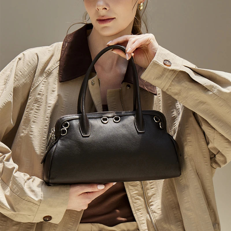 Burminsa Vintage Leather Boston Bag — Soft Cowhide Shoulder Purse