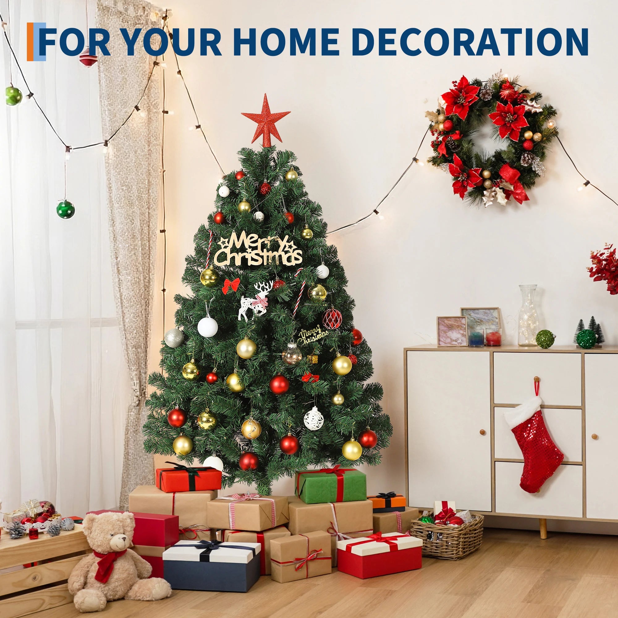 GAOMON 6ft Fraser Fir Artificial Christmas Tree — Prelit with 300 Multicolor LEDs