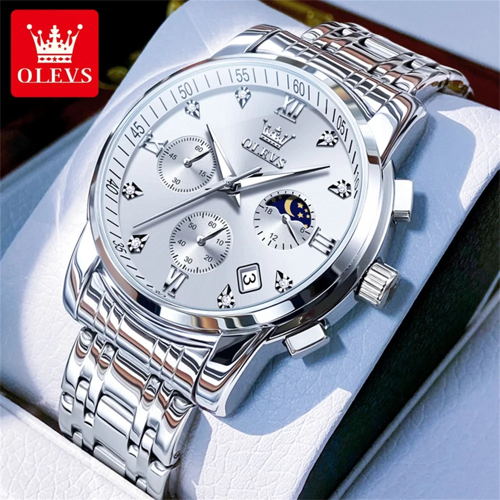 OLEVS 2858 Men's Luxury Watch — Stainless Steel Moon Phase Chronograph