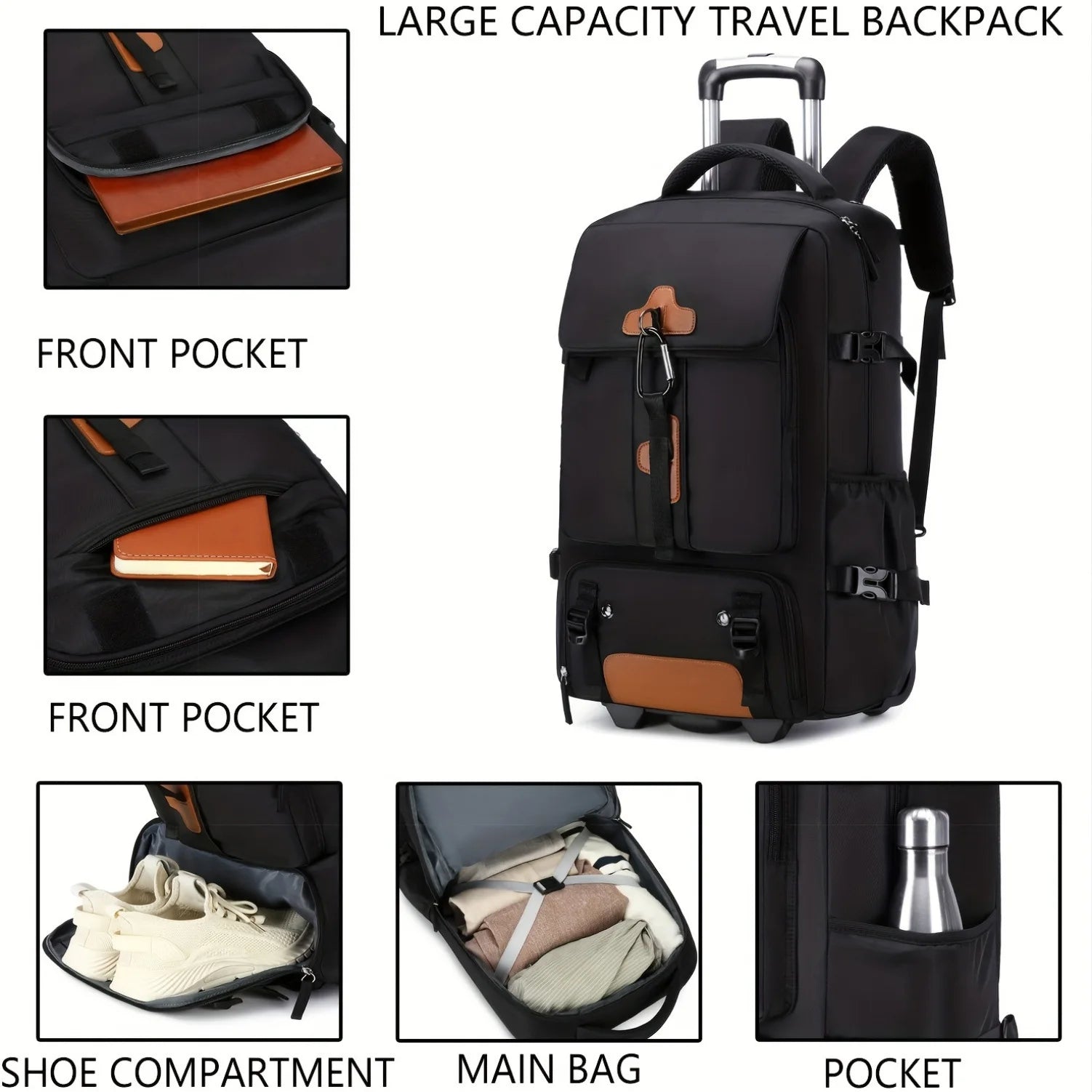 Large Capacity Rolling Backpack — Versatile Travel Trolley with Wheels