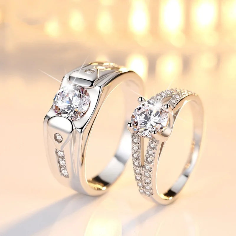 Luxury Zircon Couple Rings — Shiny Crown and Heart Design for Lovers