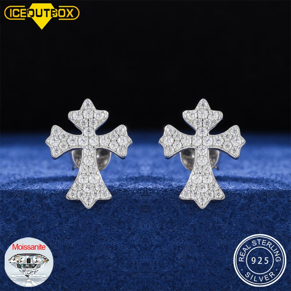 ICEOUTBOX Moissanite Cross Stud Earrings — S925 Sterling Silver Jewelry