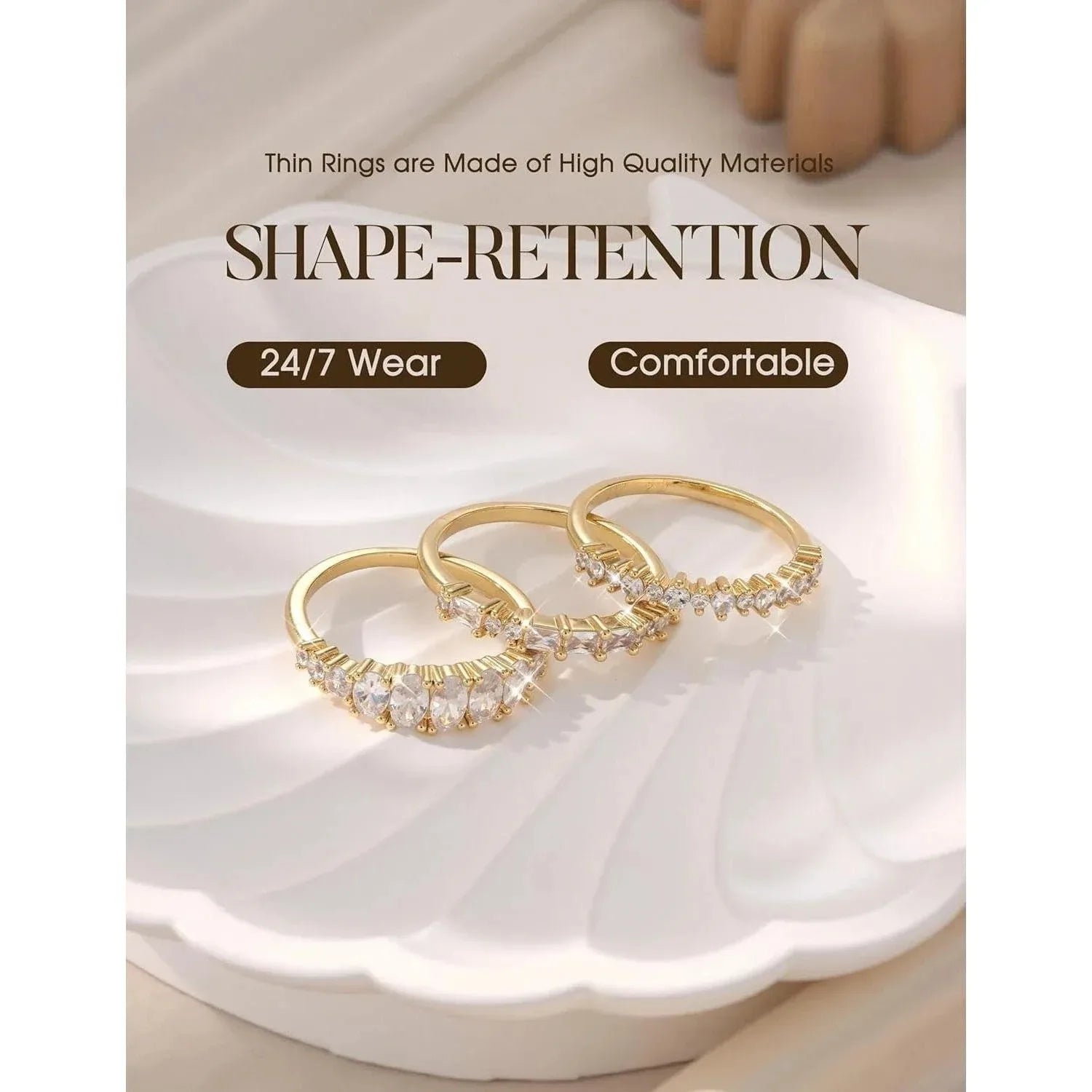 drperfect 14K Gold Plated Stackable Ring Set — Dainty Cubic Zirconia Wedding Bands