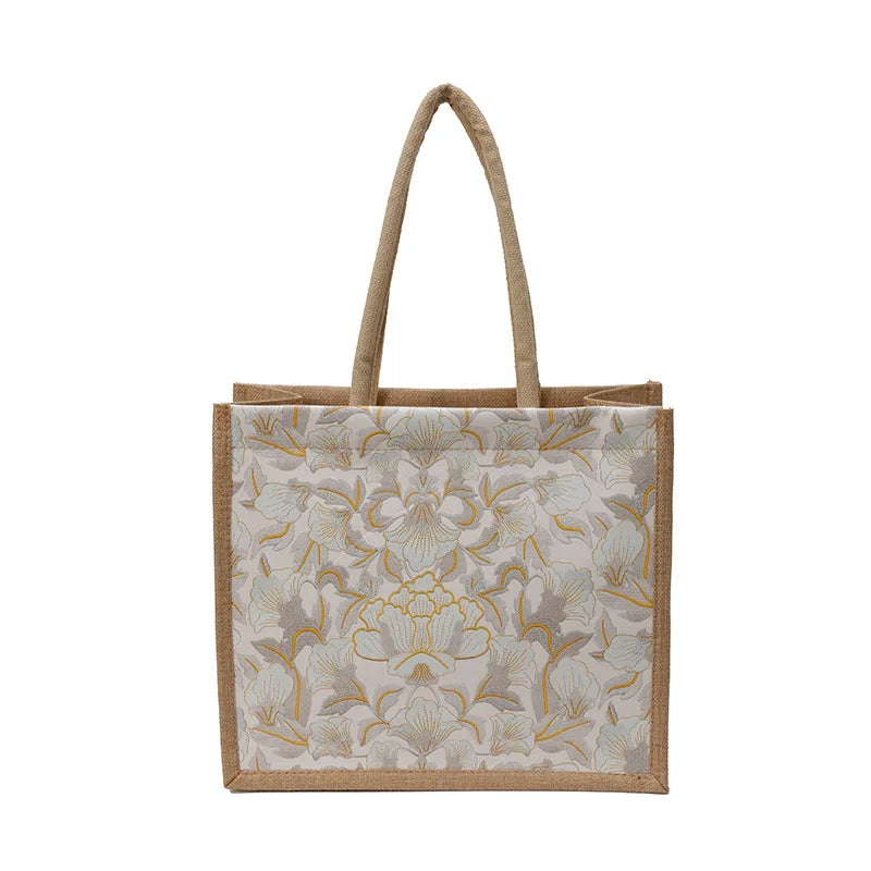 Floral Linen Tote Bag — Versatile Shoulder Handbag for Daily Use
