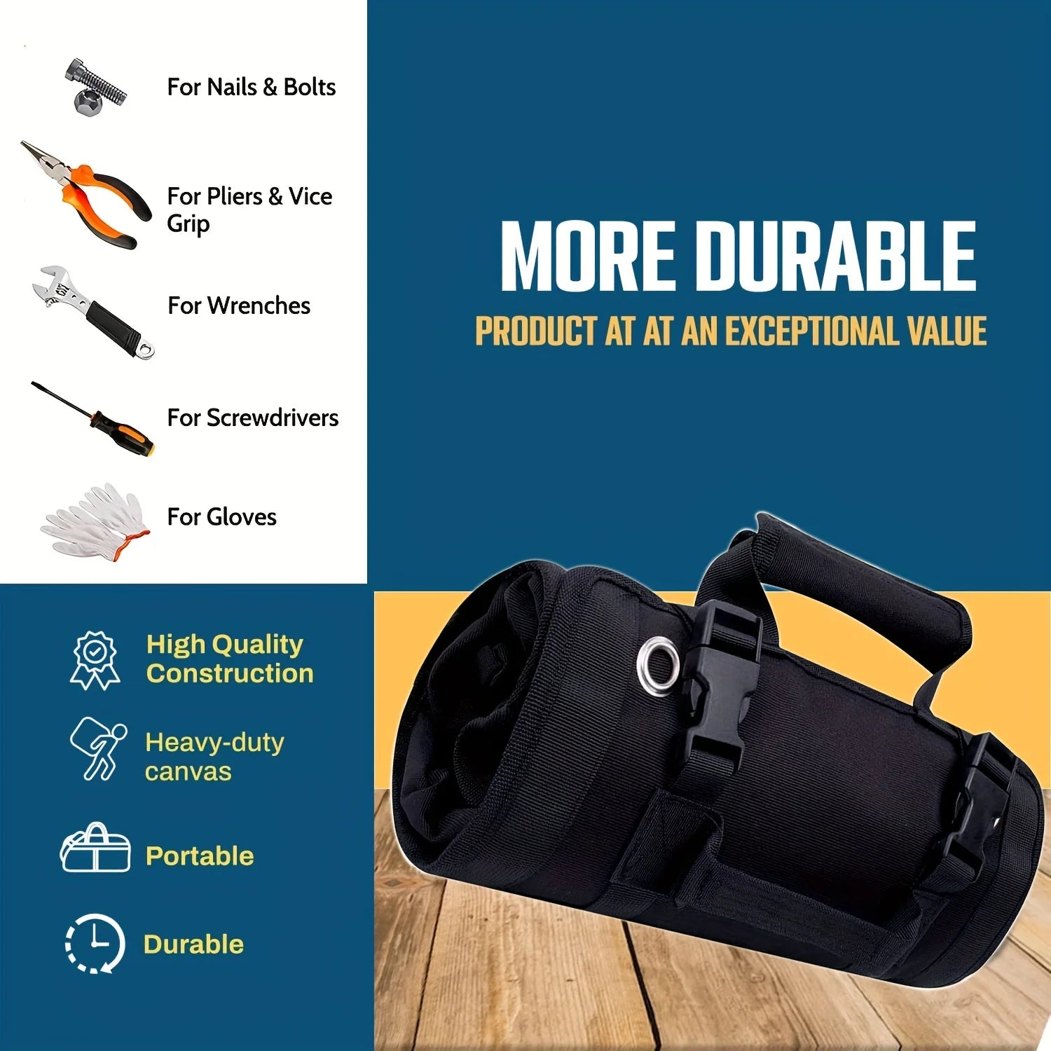 Heavy Duty Tool Bag Organizer — Roll Up Handbag with Detachable Pouches