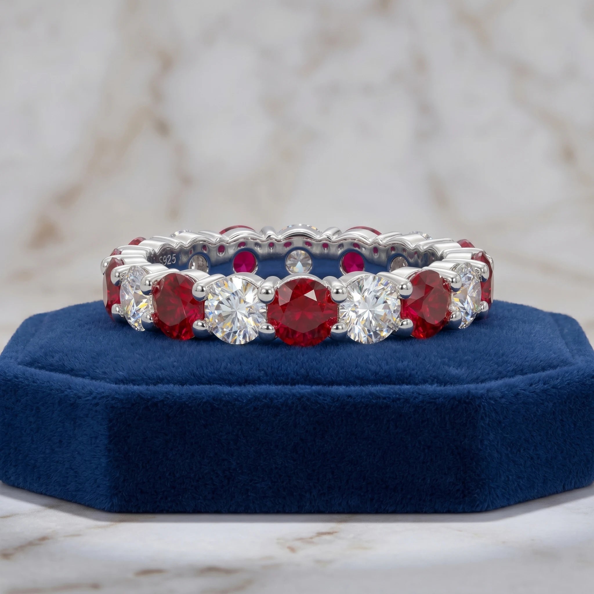 Moissanite and Lab Ruby Cocktail Ring — 925 Sterling Silver Pave Setting