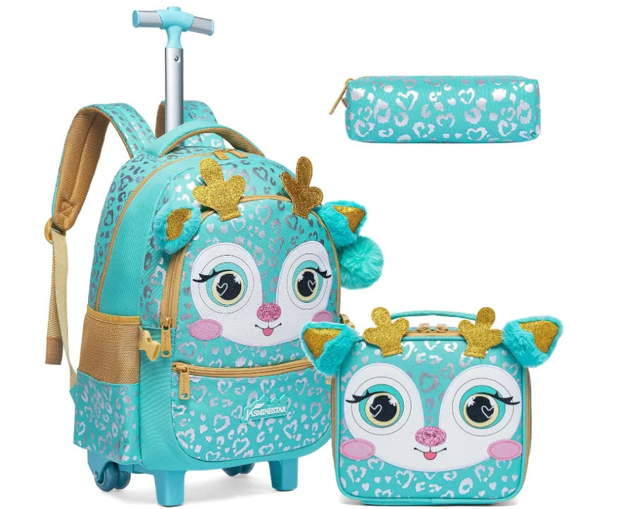 Children's 3-in-1 Travel Trolley Backpack — Wheeled School Luggage with Lunch Bag