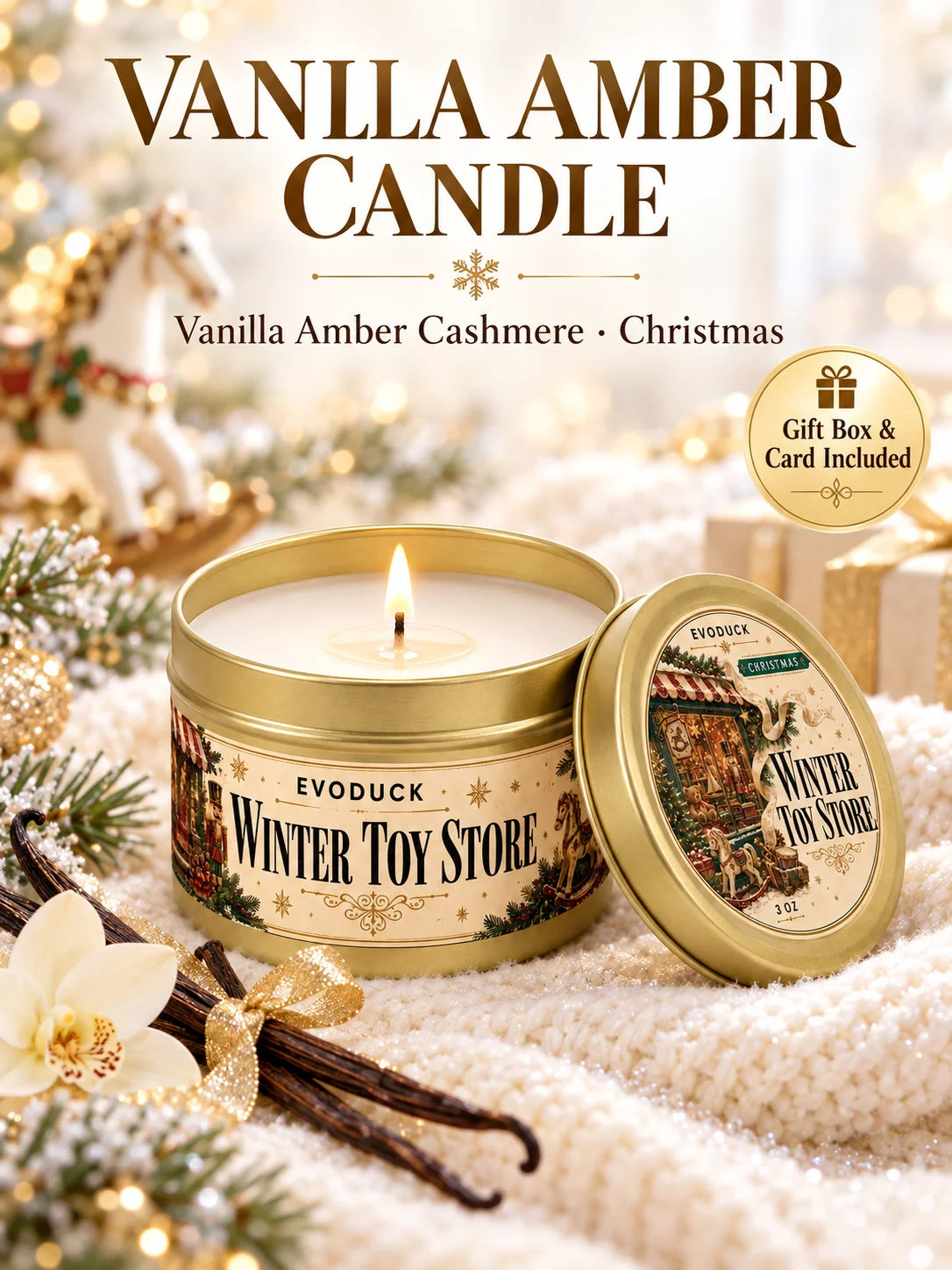EVODUCK Vanilla Amber Cashmere Candle — Warm Scented Holiday Tin
