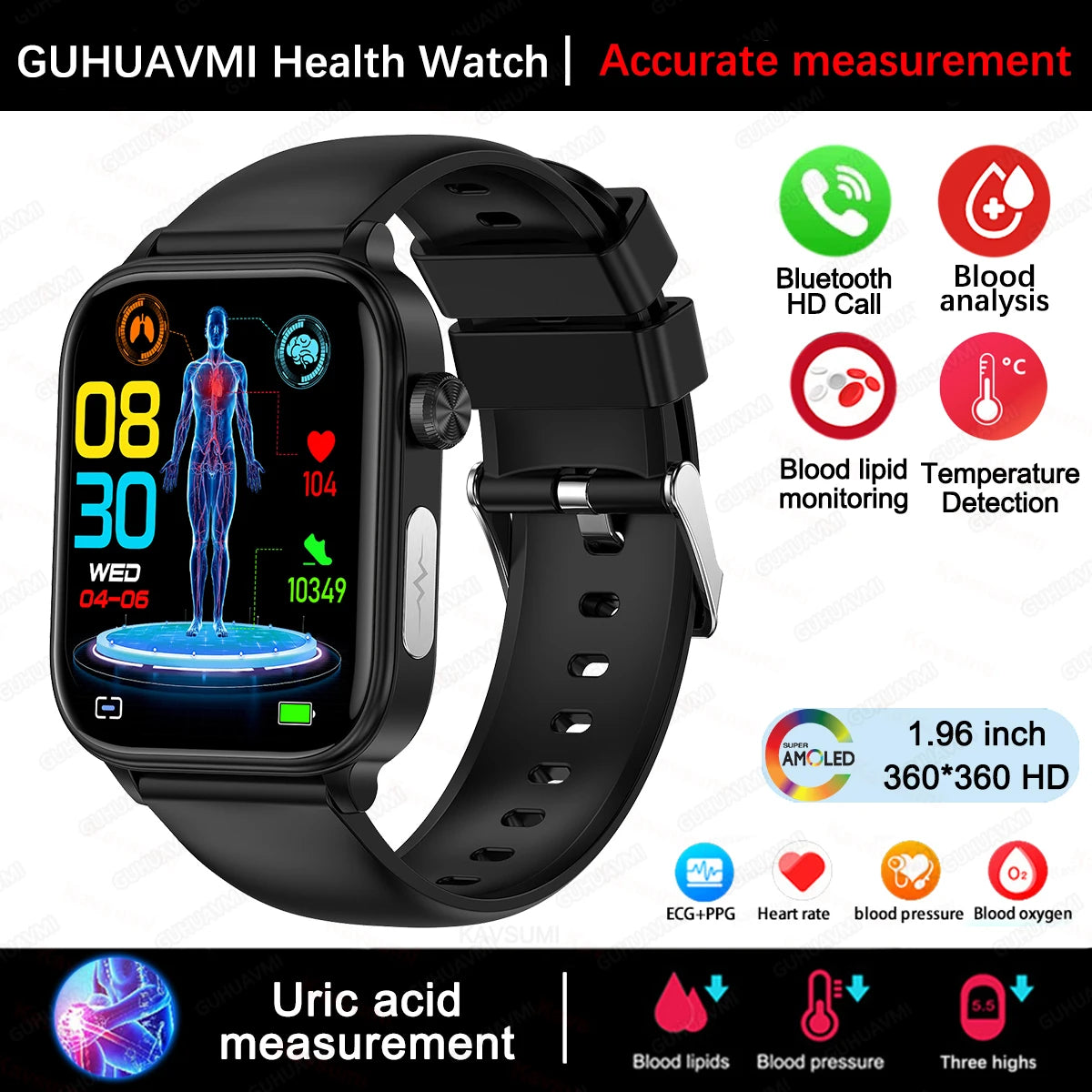 GUHUAVMI Health Smartwatch — Advanced ECG, Blood Pressure & Oxygen Monitor