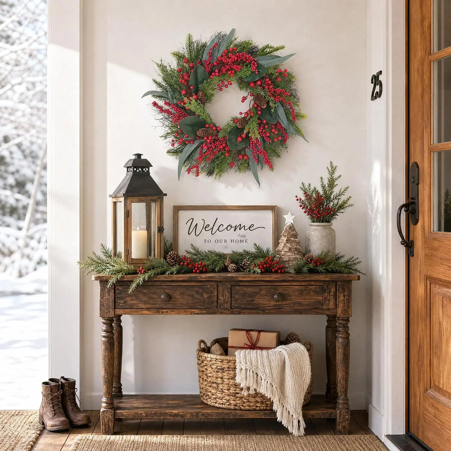 Artificial Christmas Wreath with Pine & Red Berries — Faux Greenery Holiday Decor