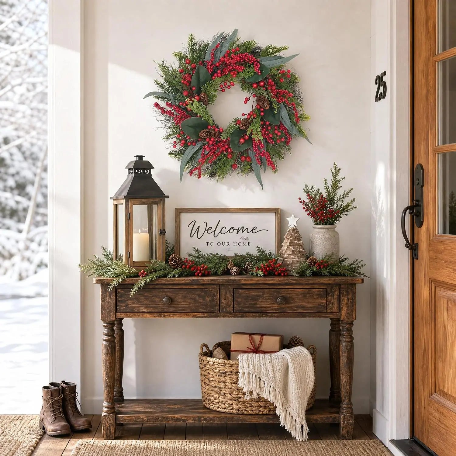 Artificial Christmas Wreath with Pine & Red Berries — Faux Greenery Holiday Decor