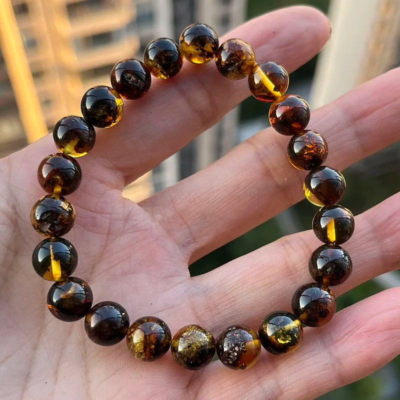 Yoowei Natural Baltic Amber Bracelet — Round Piebald Gemstone Jewelry