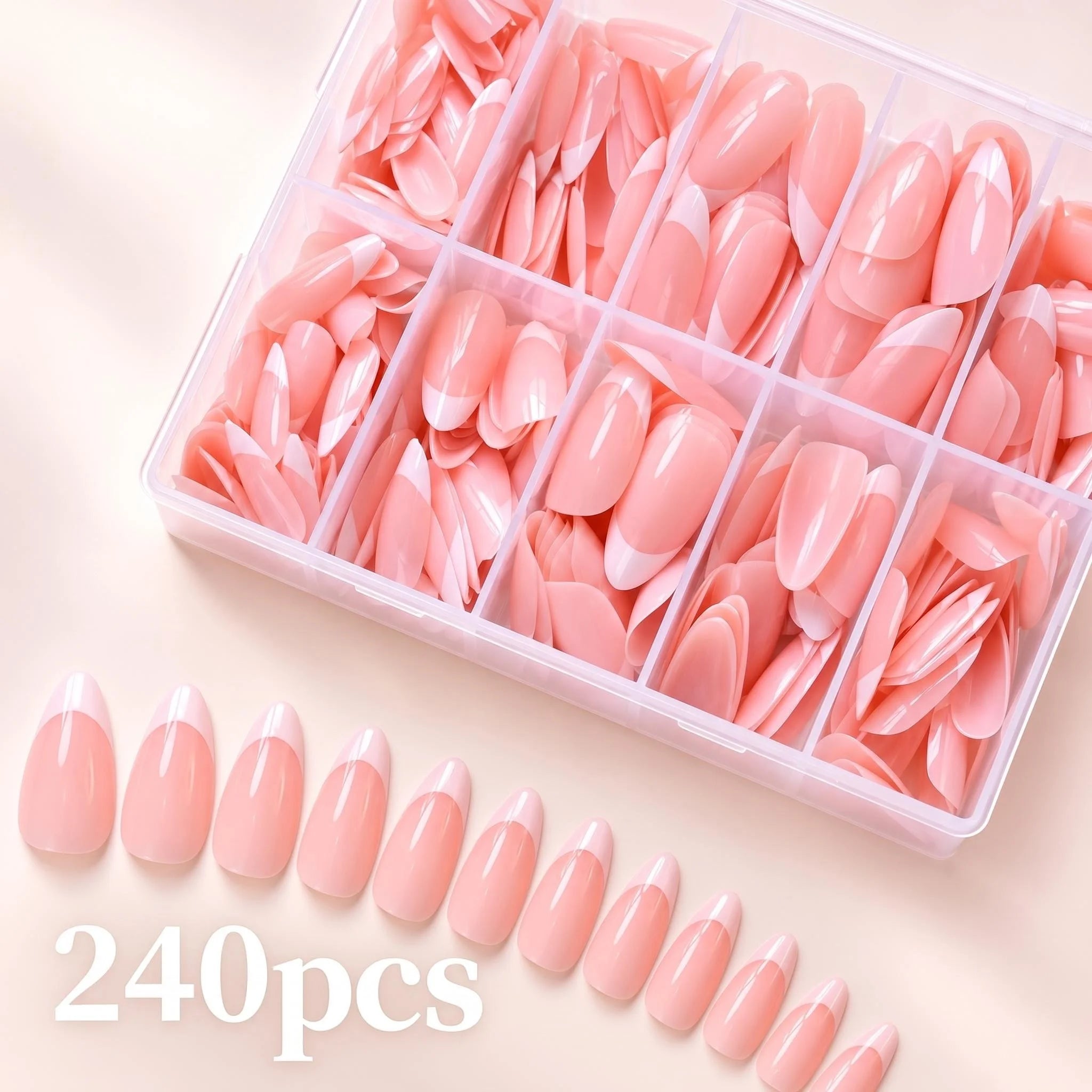 Almond French Tip Press On Nails — Elegant Nude and White Glossy Set
