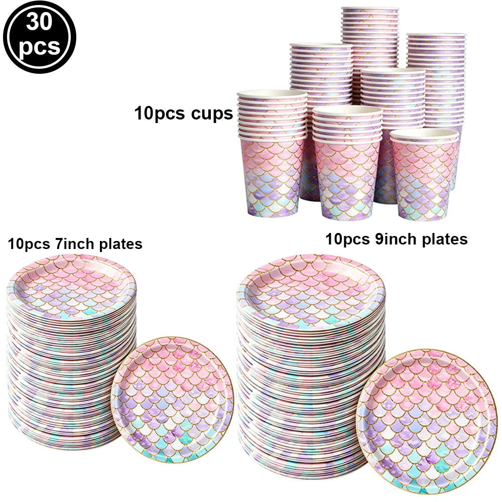 Mermaid Scales Pattern Party Supplies — Disposable Tableware Decor Set