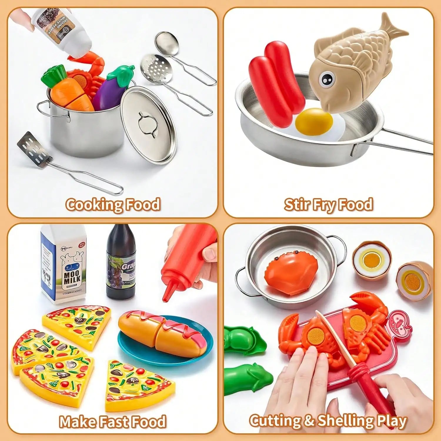 52-Piece Toddler Pretend Kitchen Set — Realistic Stainless Steel Cookware & Play Food