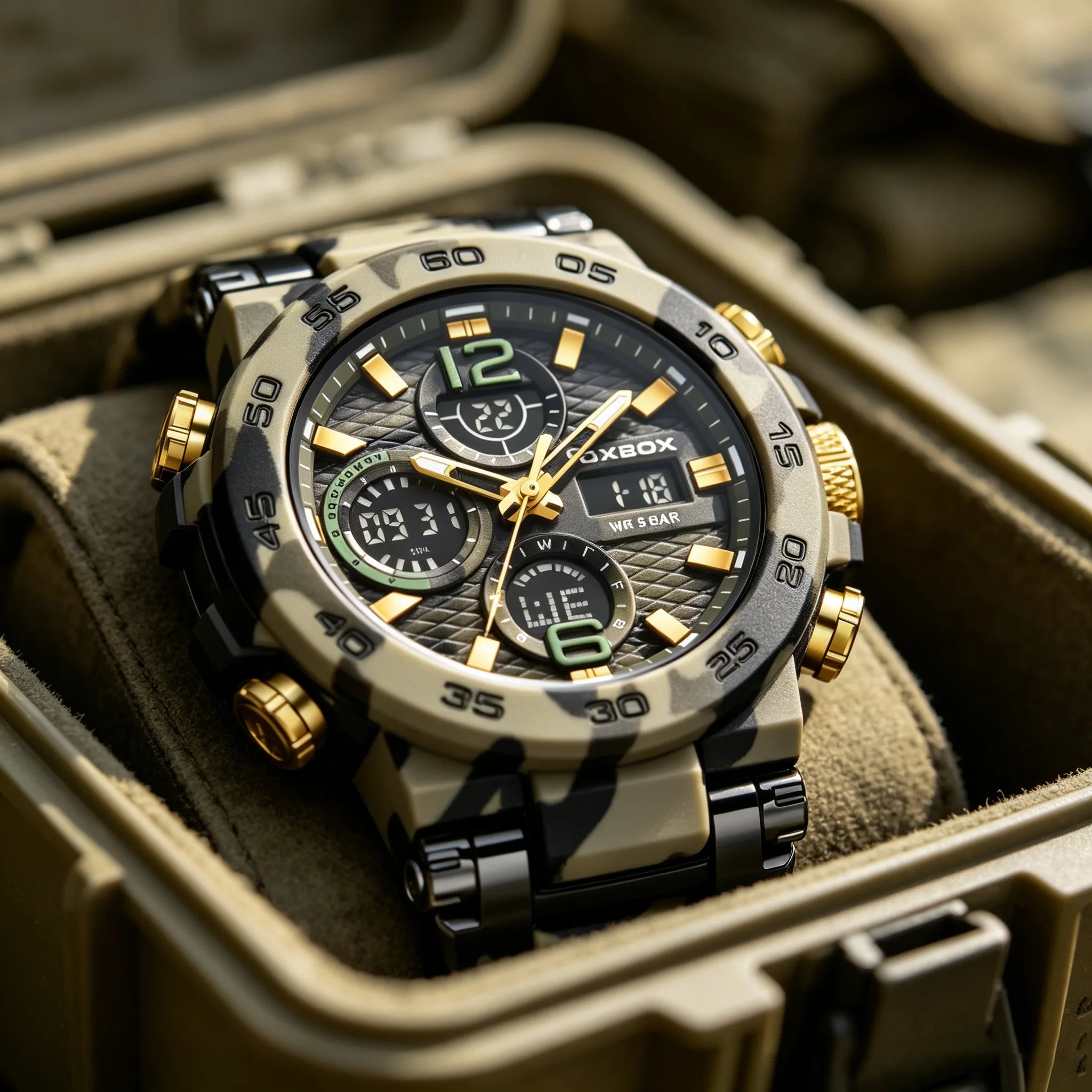 foxbox Men's Military Sports Watch — Waterproof Dual Display Quartz Timepiece