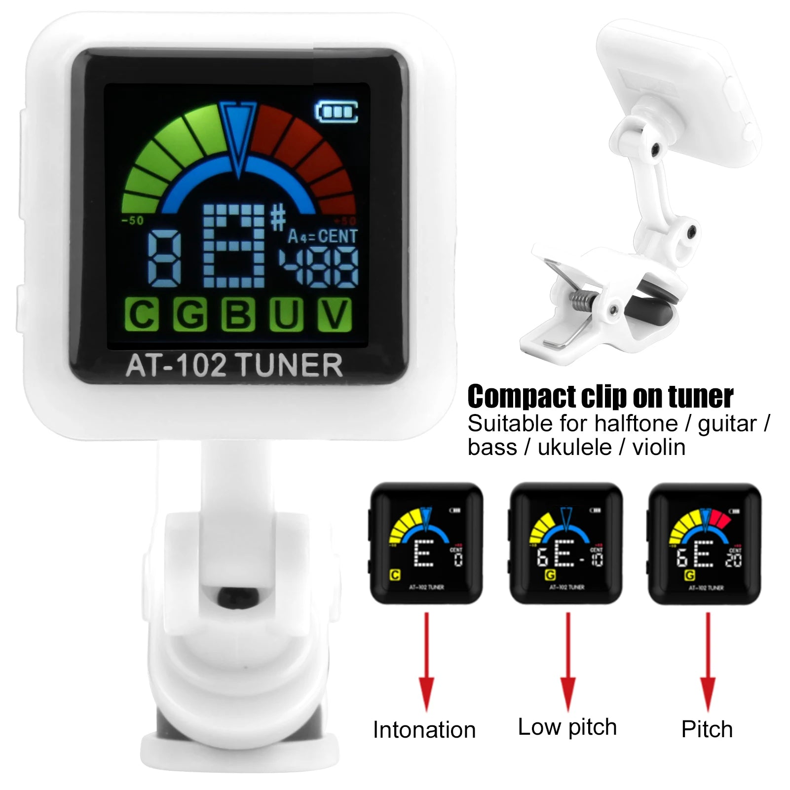 Rechargeable Clip-On Musical Instrument Tuner — High Definition Color Screen