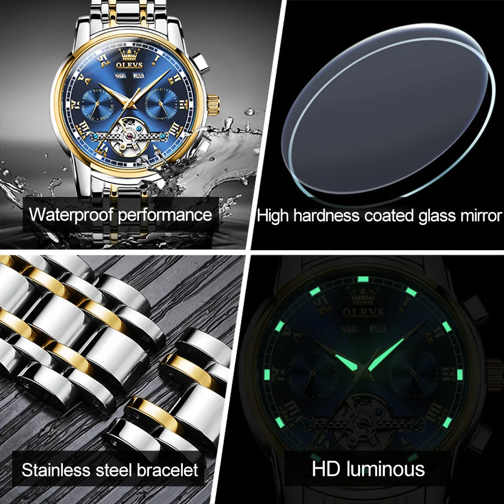 OLEVS 6607 Automatic Mechanical Watch — Business Skeleton Design with Stainless Steel Strap