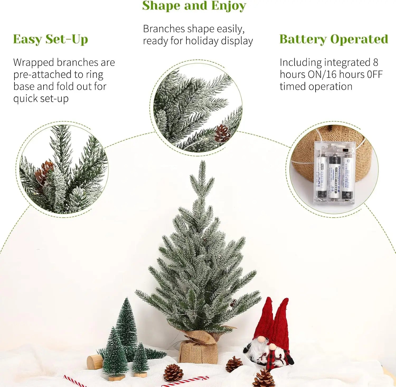 24-Inch Frosted Artificial Christmas Tree — Pre-Lit with Warm LED Lights