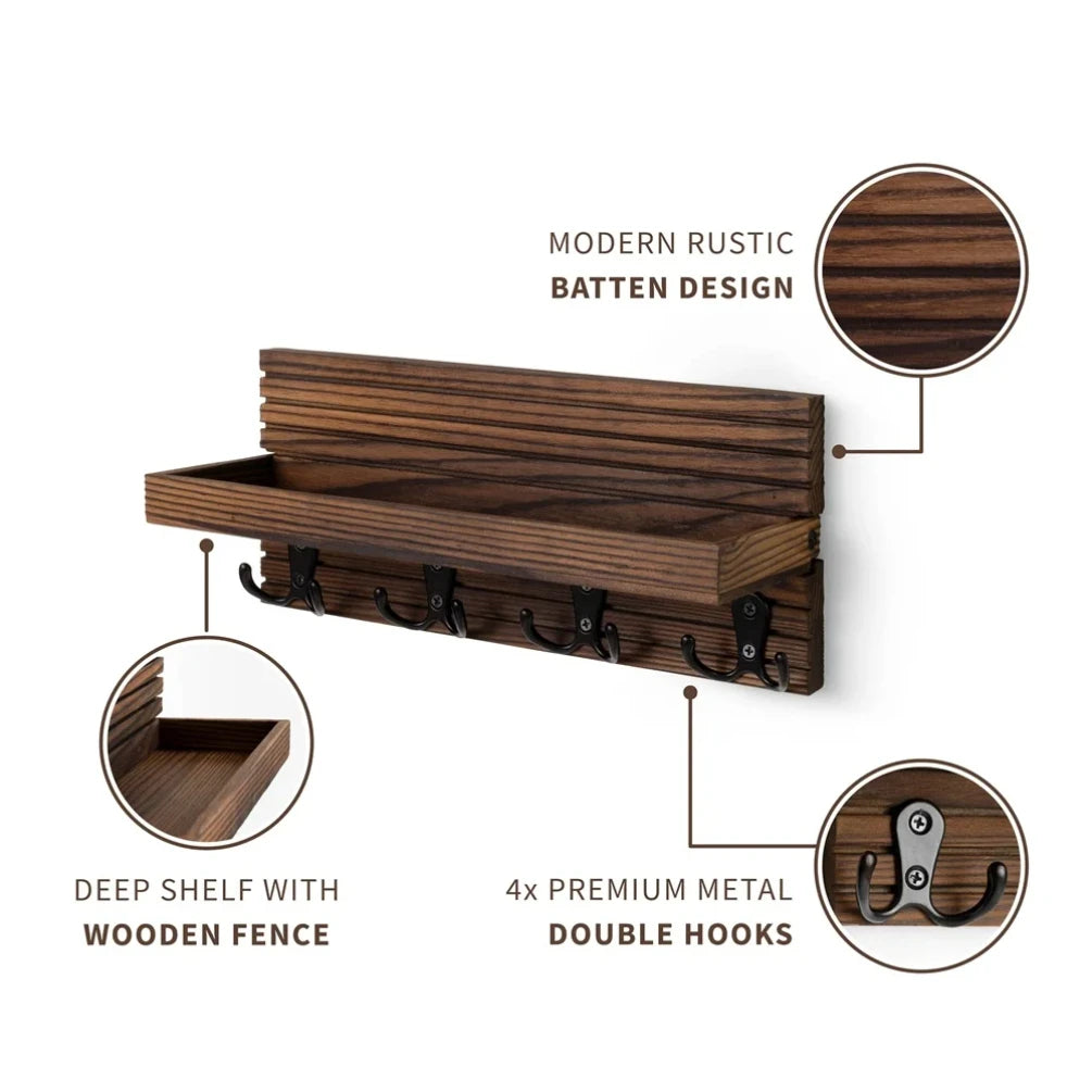 Wooden Wall Mounted Key Holder — Rustic Entryway Organizer with 4 Hooks