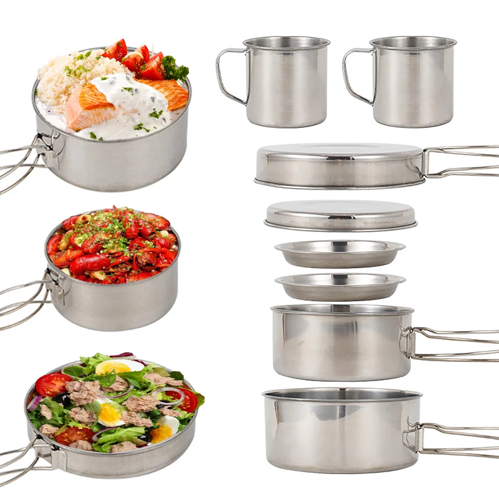 8-Piece Stainless Steel Camping Cookware Set — Compact Mess Kit for Outdoor Dining