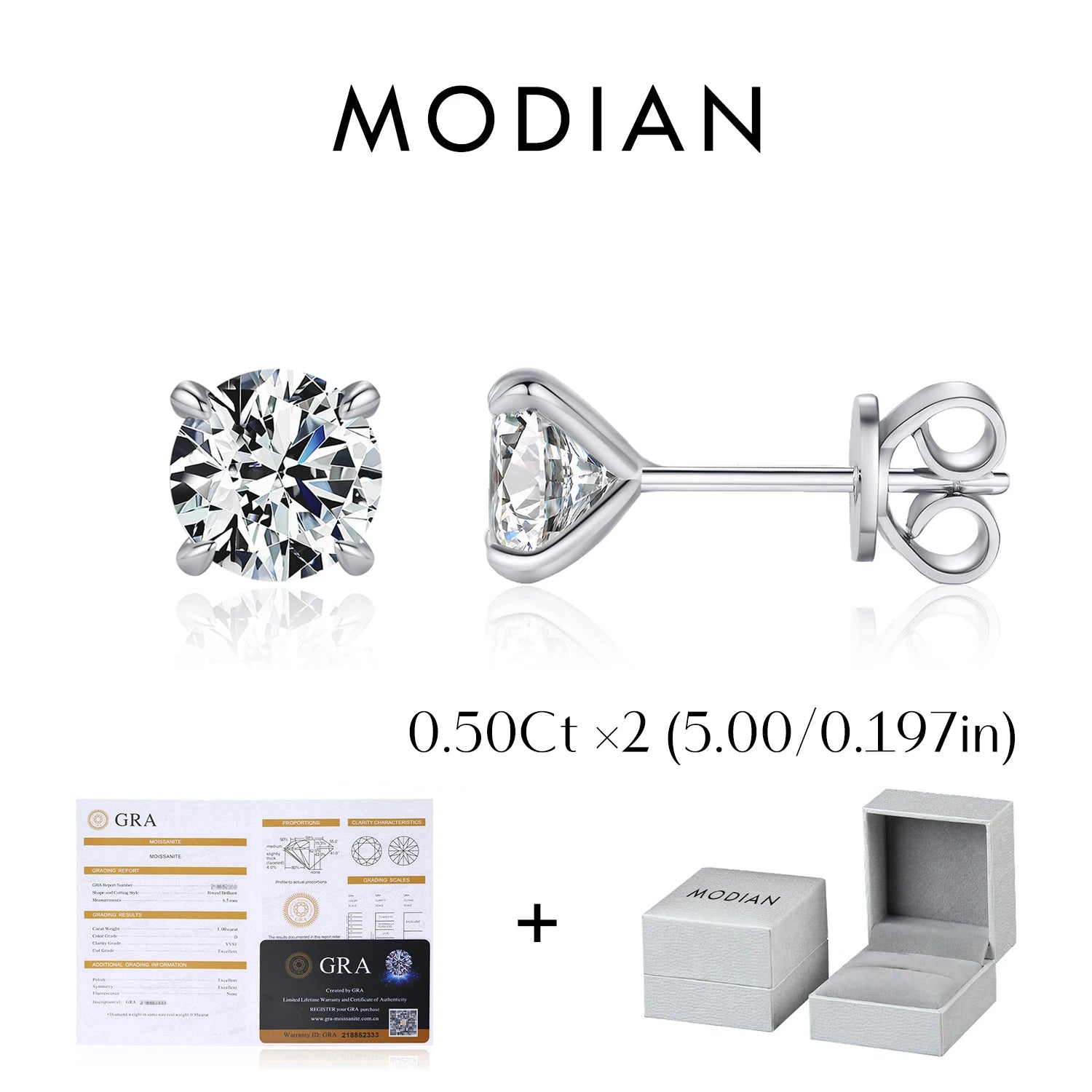 MODIAN Moissanite Stud Earrings — Sparkling 925 Sterling Silver Jewelry