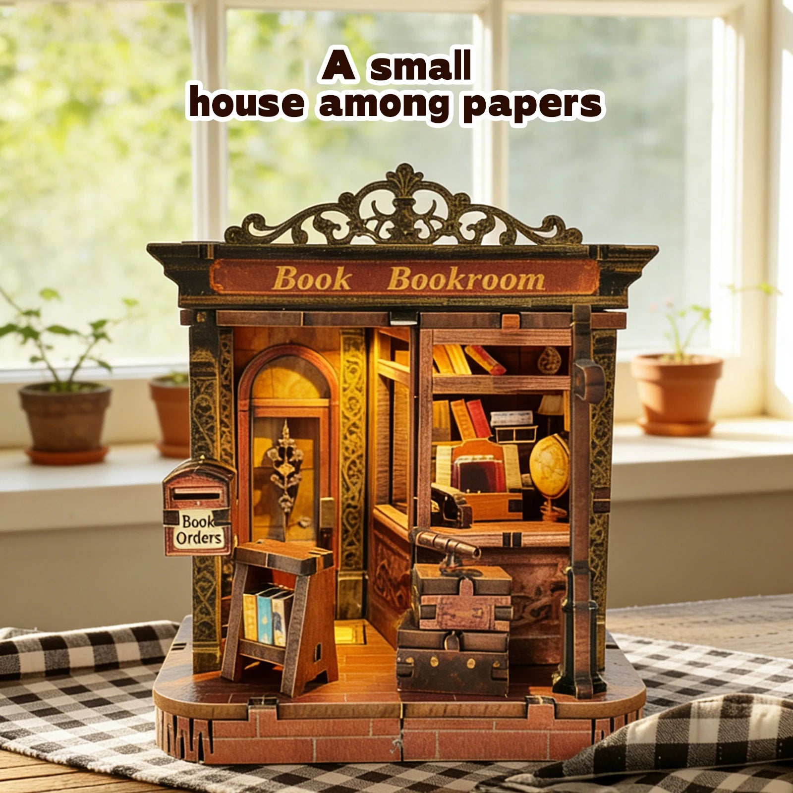 3D Wooden Book Nook Model Kit — DIY Paper Cottage Miniature with Lights