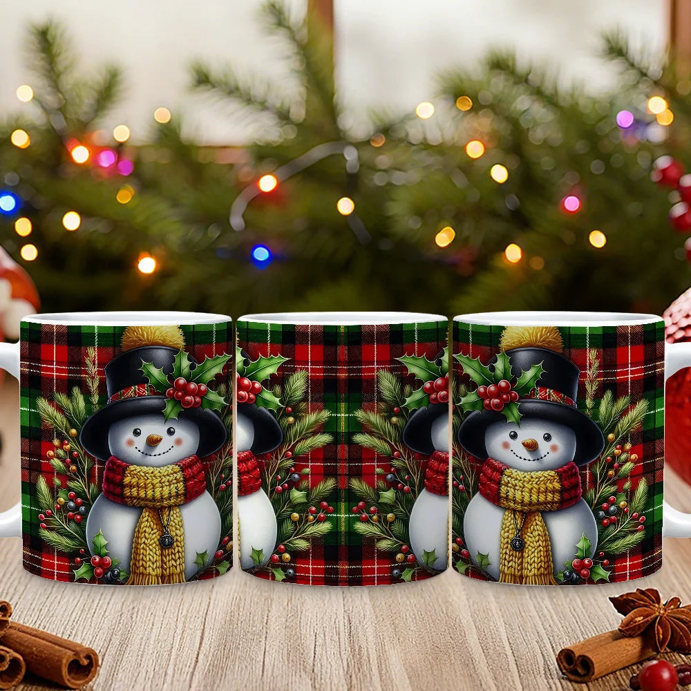 Snowman Plaid Pattern Coffee Mug — Festive Winter Holiday Drinkware