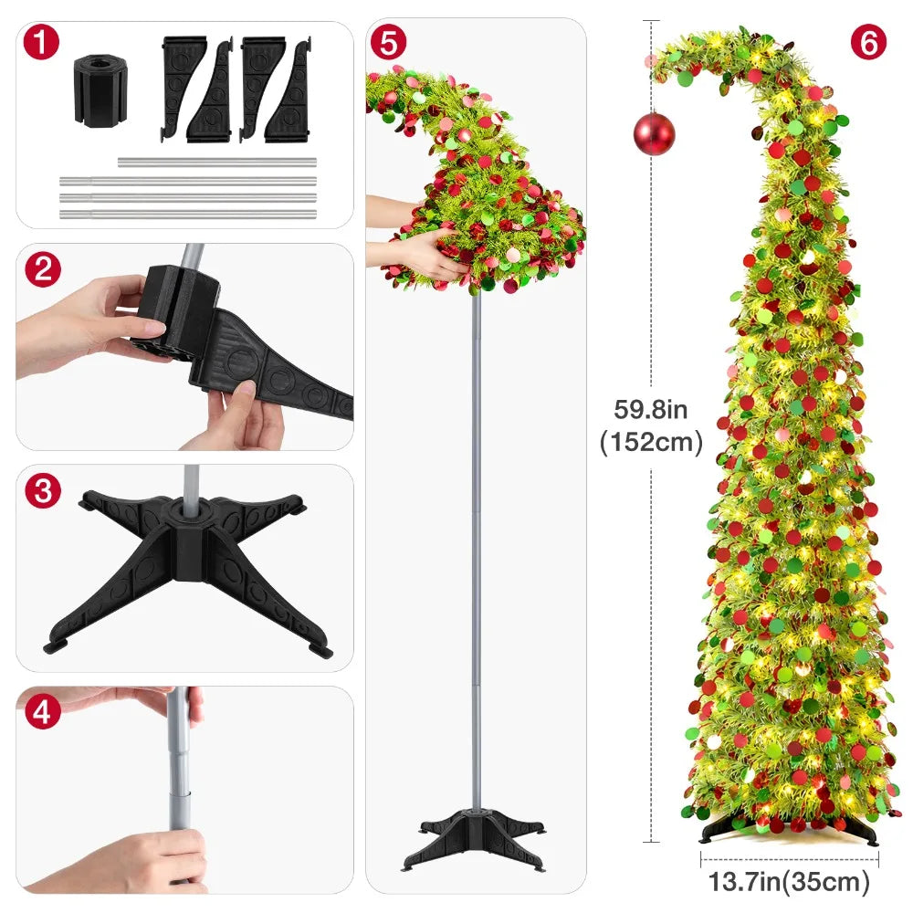 5ft Collapsible Pencil Christmas Tree — Sequined Pop Up Holiday Decor