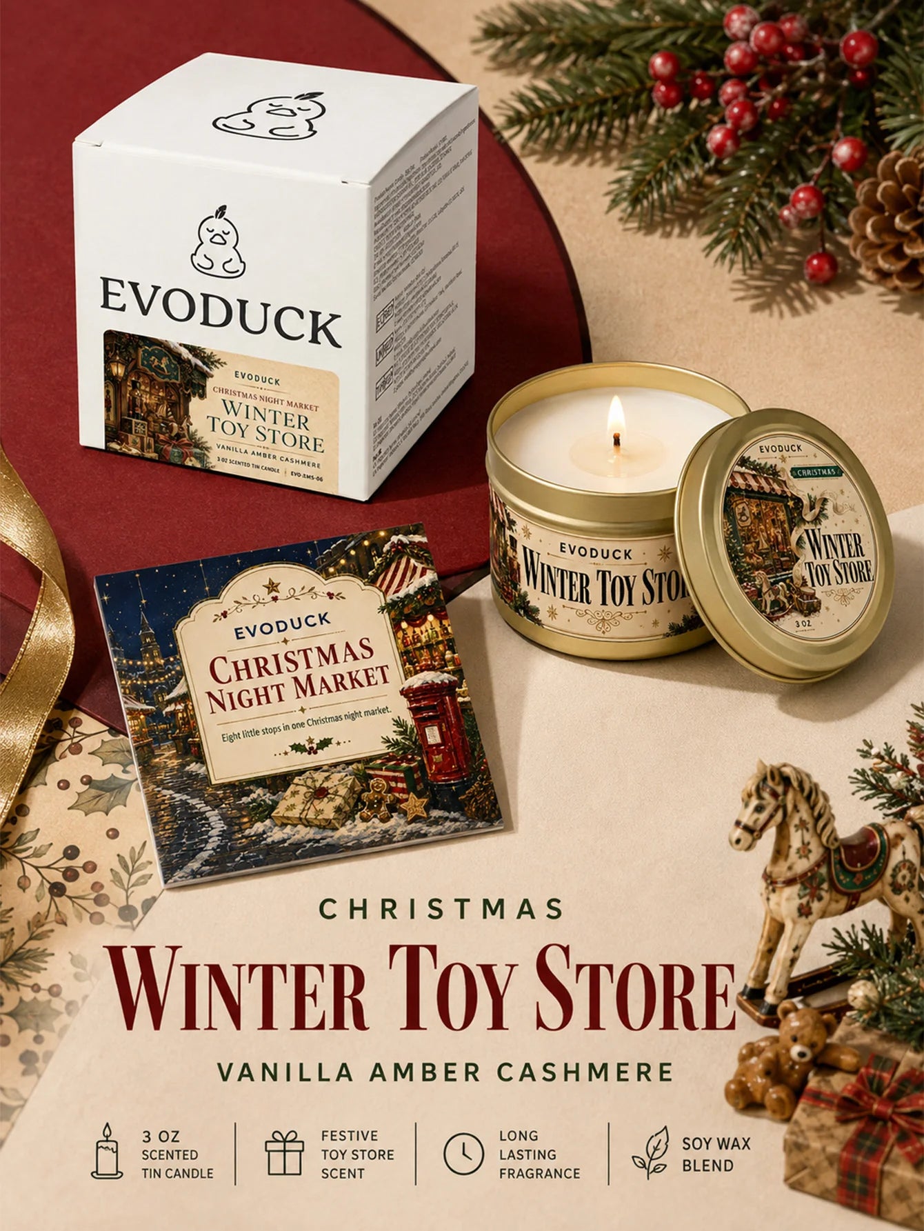 EVODUCK Vanilla Amber Cashmere Candle — Warm Scented Holiday Tin