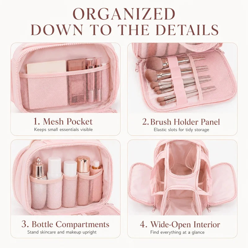 Large Capacity Travel Makeup Bag — Multi-Compartment Cosmetic Organizer