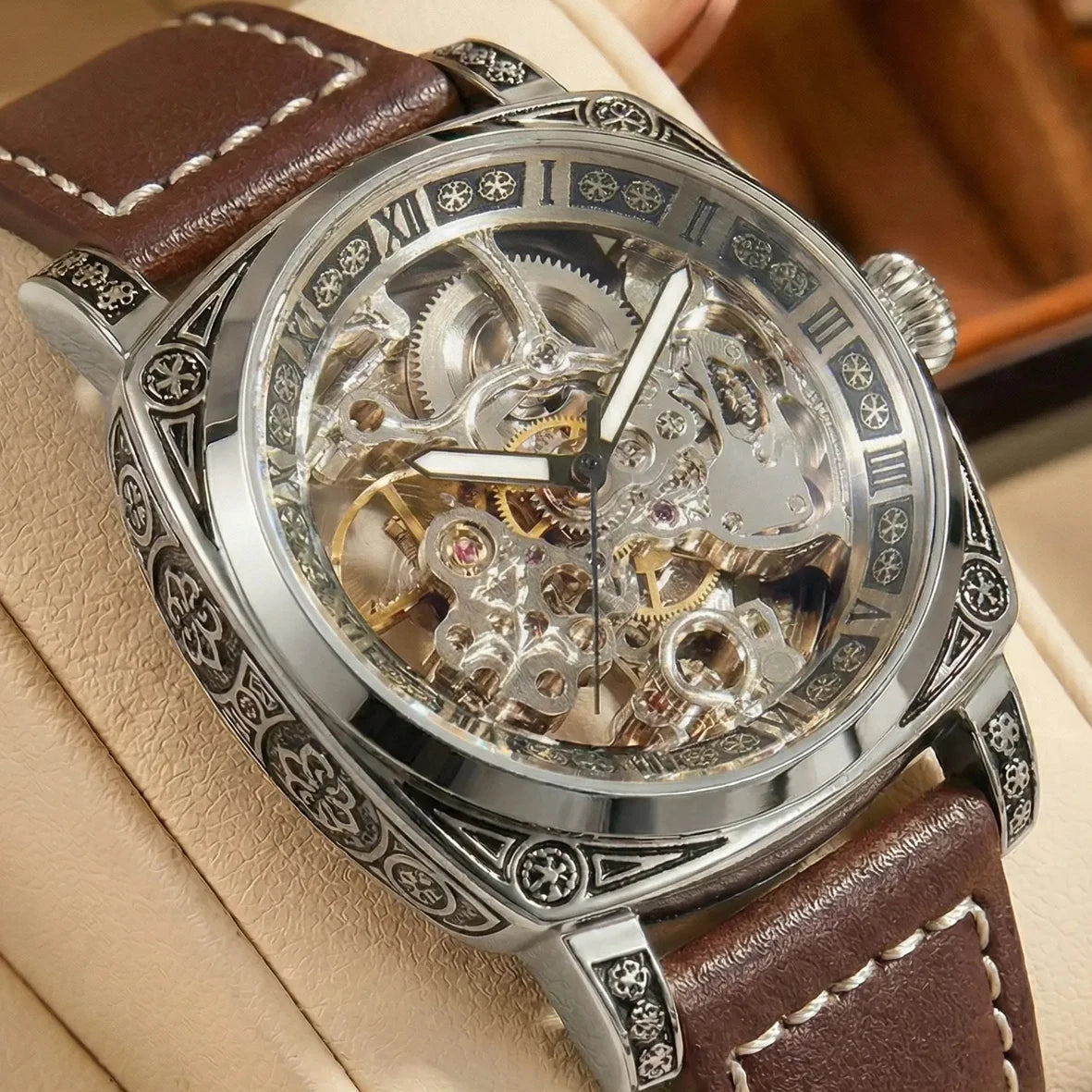 MEIRUIQI Men's Automatic Tourbillon Watch — Luminous Carved Mechanical Timepiece
