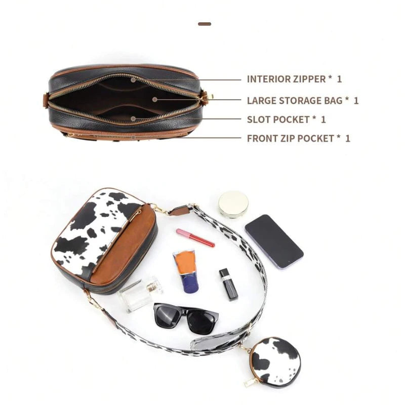 Retro Cow Pattern Crossbody Bag — Stylish Colorblock Shoulder Purse