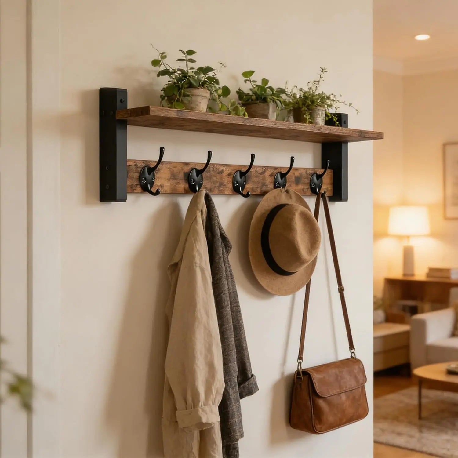 Wall Mounted Coat Rack & Shelf — Industrial Wood and Iron Entryway Organizer