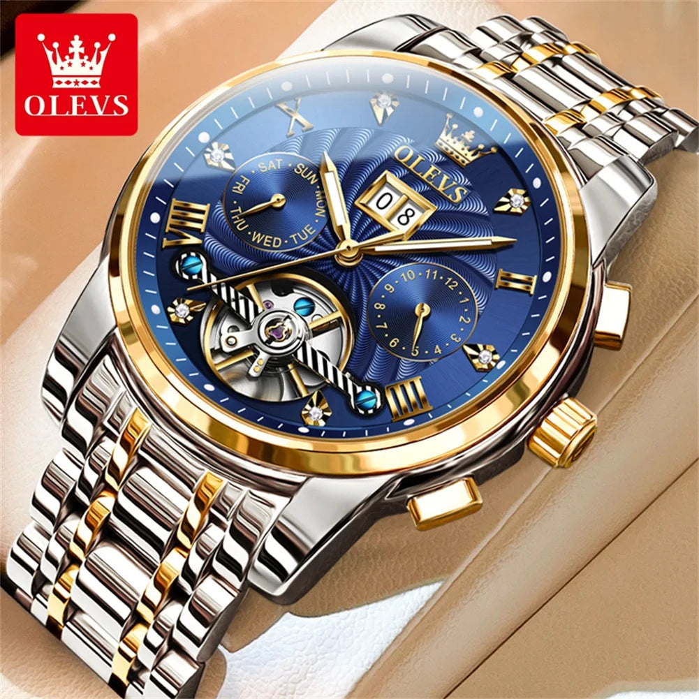 OLEVS Classic Men's Automatic Watch — Luxury Skeleton Tourbillon Design