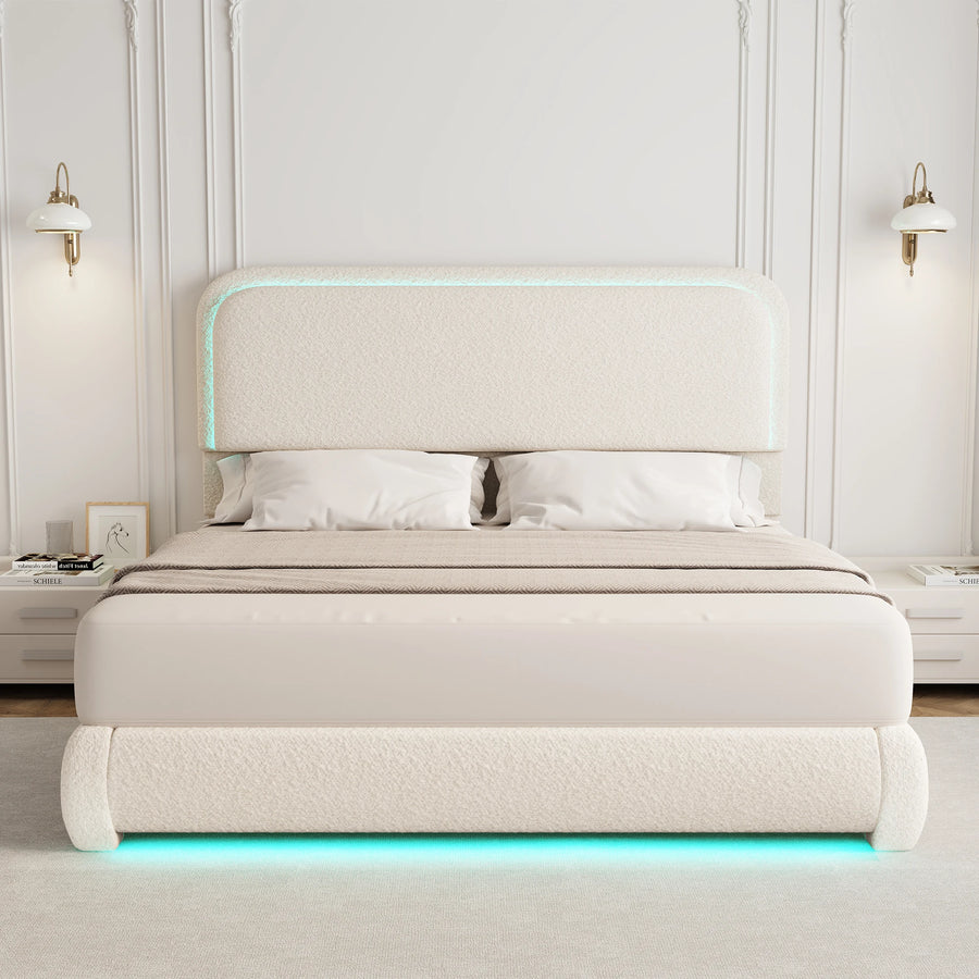 SIBEDS Teddy Fleece Upholstered Bed Frame — Modern Cloud Design with LED Lights
