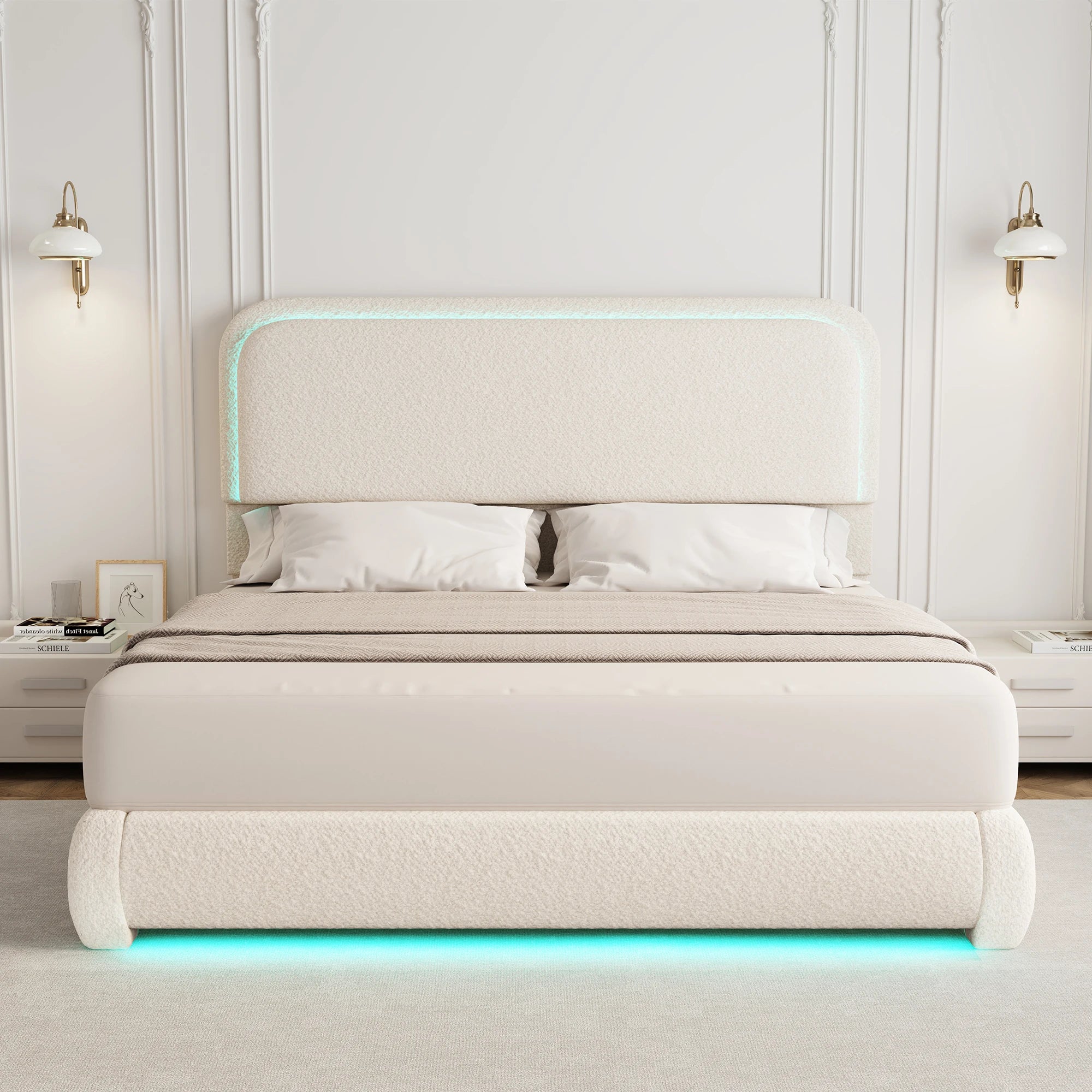 SIBEDS Teddy Fleece Upholstered Bed Frame — Modern Cloud Design with LED Lights