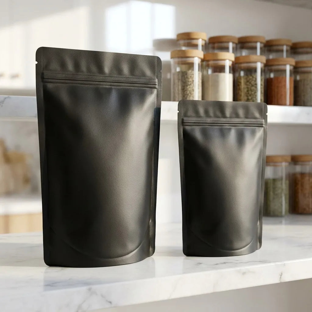 VoluPack Matte Black Mylar Bags — Smell Proof Stand Up Food Storage
