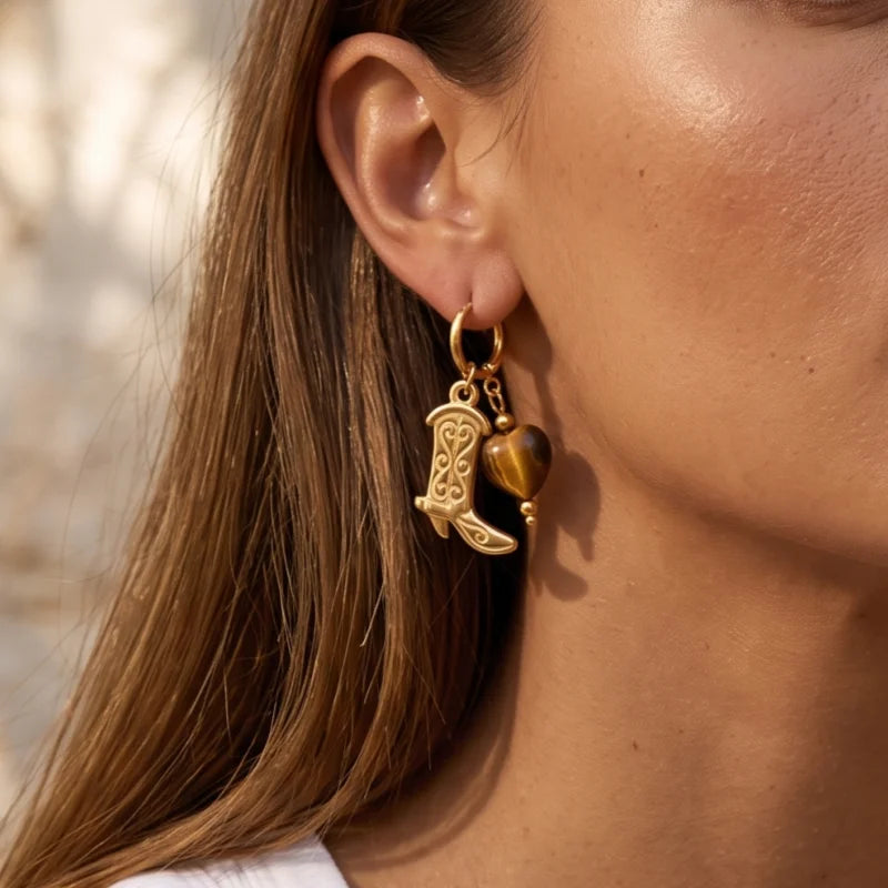Obega Cowboy Boot & Tiger Eye Heart Earrings — Boho Western Dangle Huggies