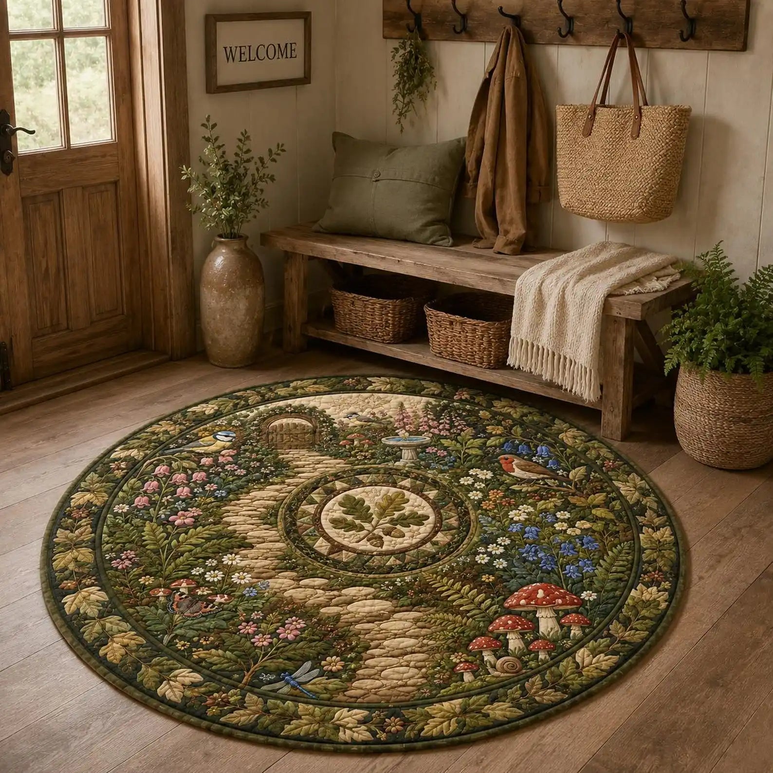 Mushroom and Bird Pattern Round Carpet — Pastoral Style Decorative Area Rug