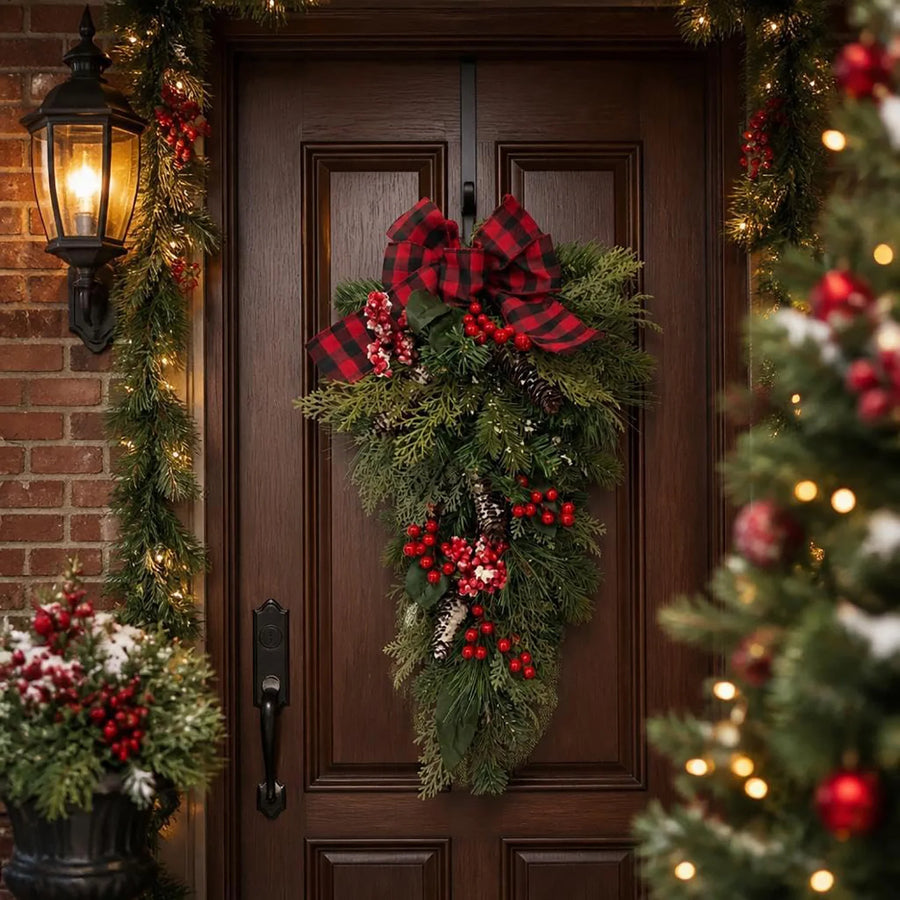 HiMISS 30 Inch Farmhouse Christmas Teardrop Swag — Rustic Plaid Bow & Evergreen Decor