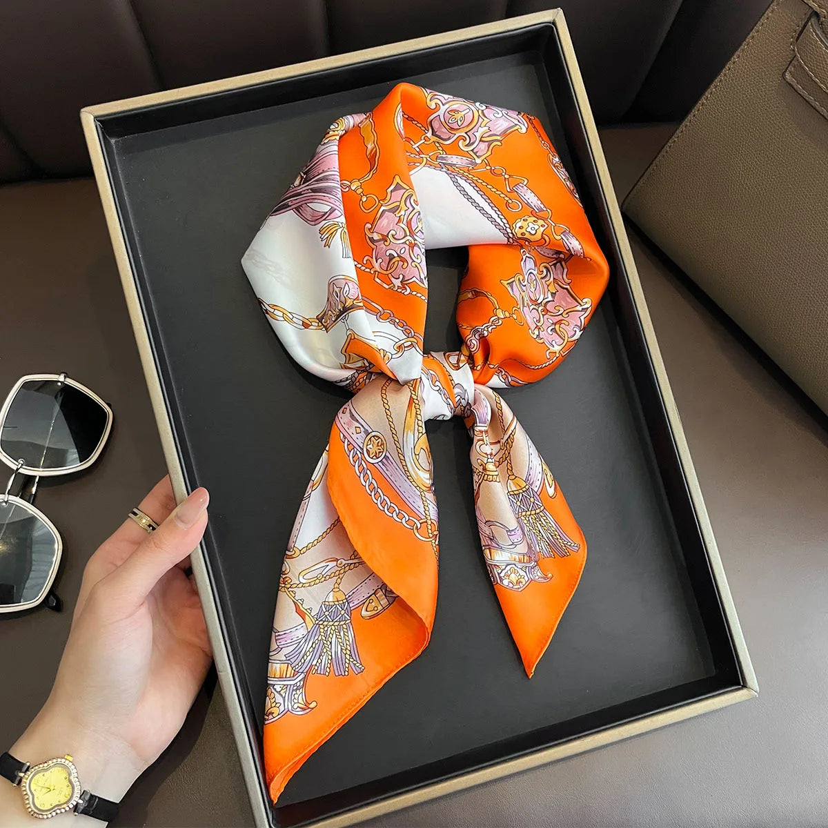 SENAIFEI Printed Silk Scarf — Luxury Square Shawl & Decorative Headband