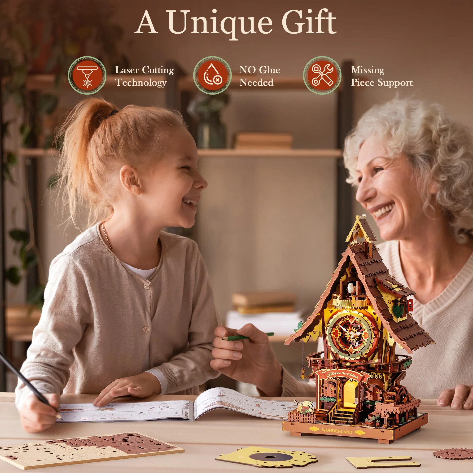 ROKR Wooden Cuckoo Clock 3D Puzzle — Mechanical Model Building Kit