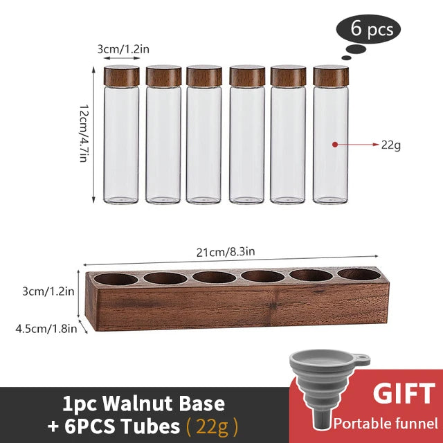 ALIKISSCAFE Coffee Bean Storage Container — Walnut Display Rack & Glass Tubes